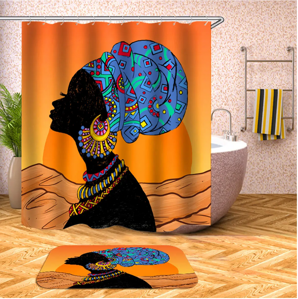 African Baotou Woman Shower Curtain Set with Hooks