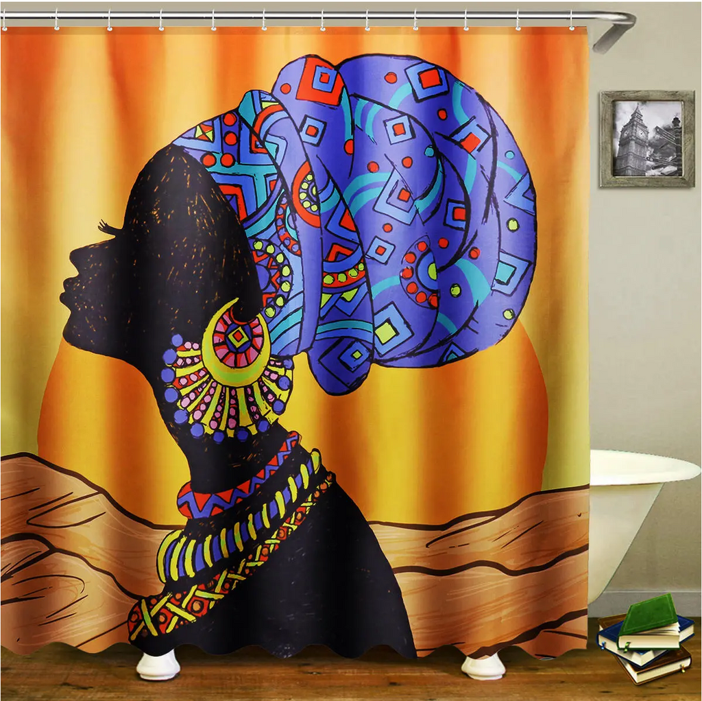 African Baotou Woman Shower Curtain Set with Hooks