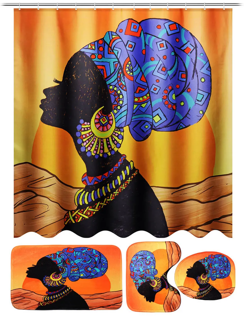 African Baotou Woman Shower Curtain Set with Hooks